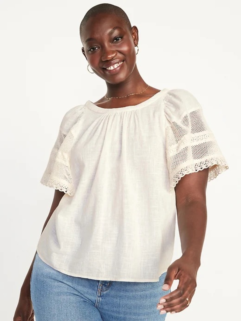 NWT Old Navy Womens Crochet Flutter-Sleeve Swing Top XXL Ivory Lace Boho Cottage